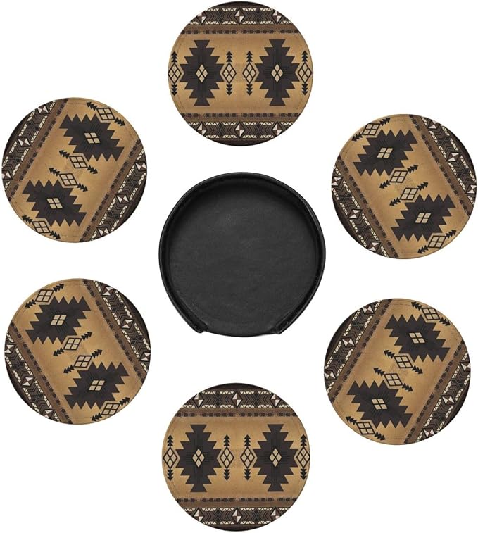 6 Pcs Brown Western Southwest Modern Geometric Abstract Art Leather Coasters