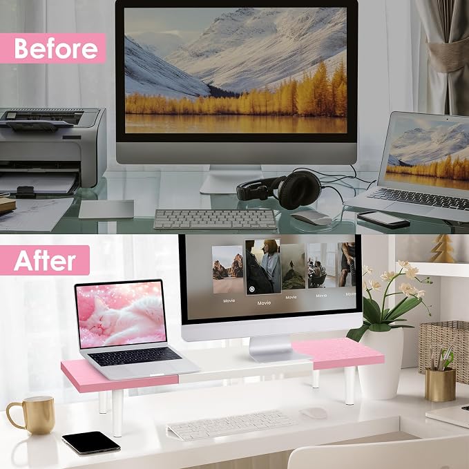 Dual-Monitor-Stand-Riser-For-Desk Adjustable Length 32-40 Inch，Large Desktop
