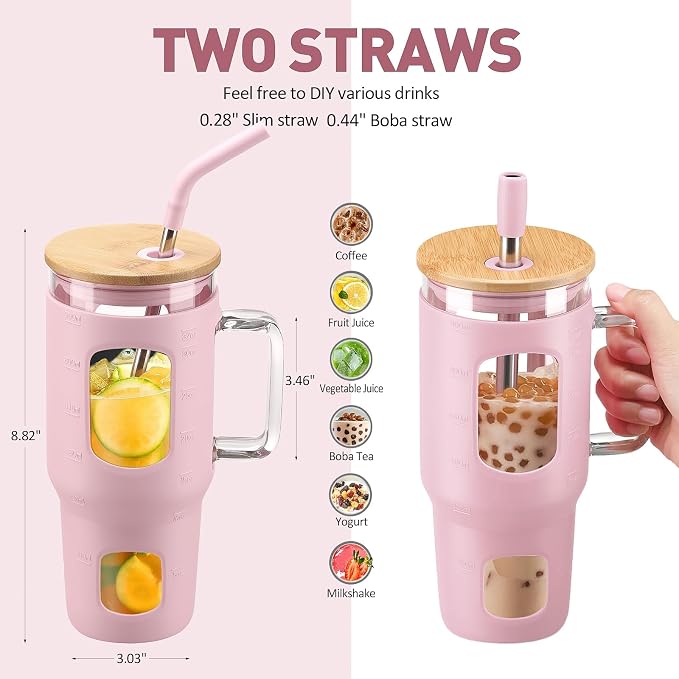 WINSA Glass Tumbler with Straw and Lid, 32 oz Glass Cup with Handle, Glass