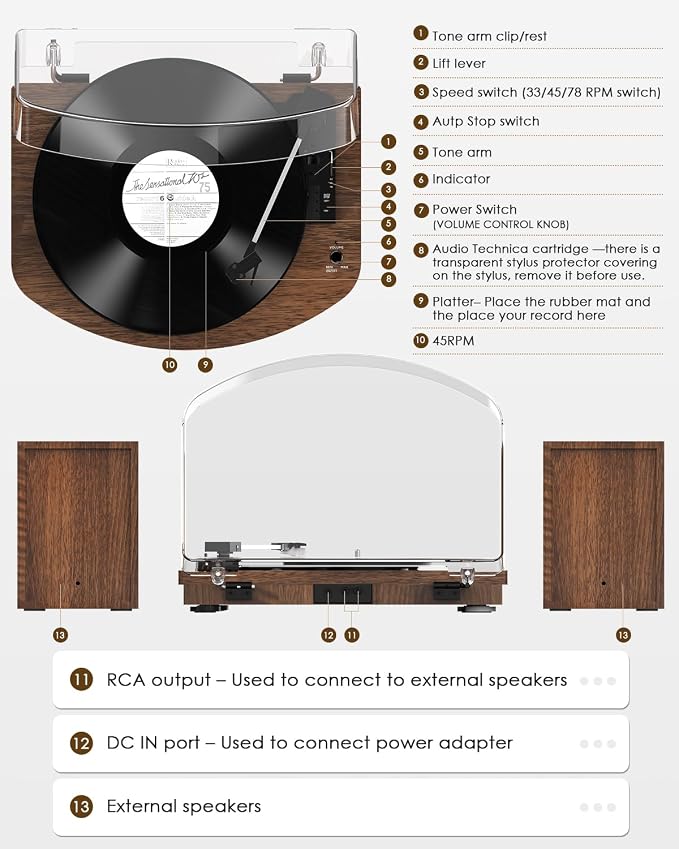 Vinyl Record Player with Dual Stereo Speakers, Belt Drive Turntable with