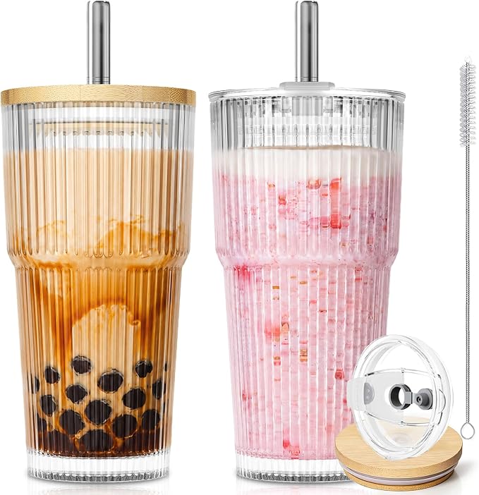 KEMORELA 20oz Ribbed Glass Tumblers