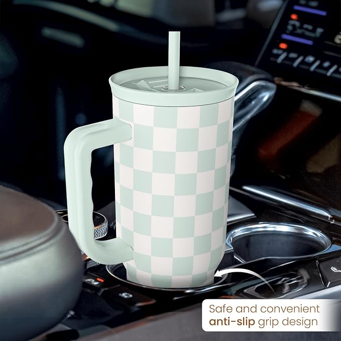 Checkered Tumbler with Handle 40oz, Mint Checker Cup Stainless Steel Insulated