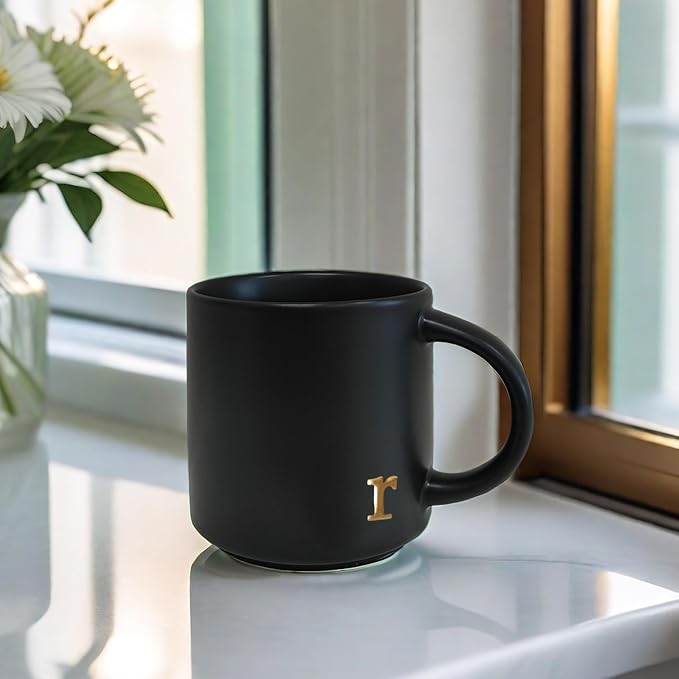 COLLECTIVE HOME Black Ceramic Coffee Mug, 15 oz Golden Monogram Tea Cup |