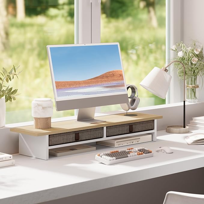 Fenge Monitor Stand with Drawer, 2 Tiers Dual Monitor Riser