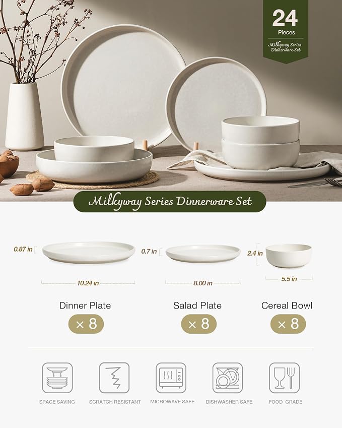 Famiware Milkyway 24-Piece Stoneware Dinnerware Set, Matte Beige White | Plates
