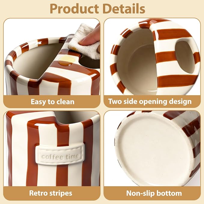 Ceramic Coffee Mug with Sip Hole, 10oz Retro Striped Coffee Cups, Cute Ceramic