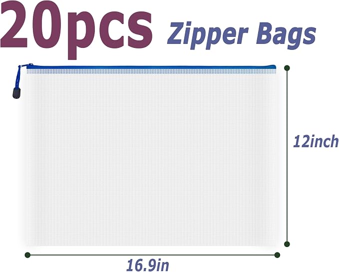 AUSTARK 20 Pcs Zipper File Bags, Plastic Mesh Pouch, Board Game Storage Bag