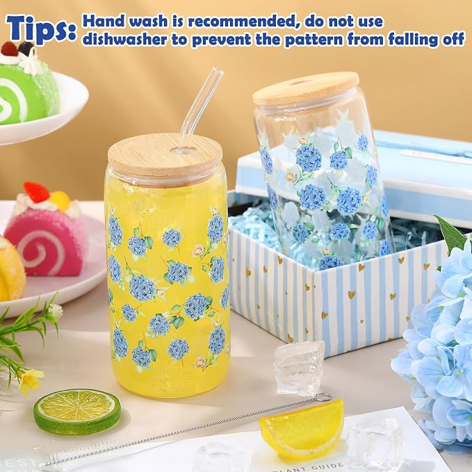 Sliner 2 Pcs Hydrangea Glass Cups Floral Gifts Flower Drinking Glasses 16 oz