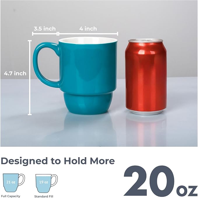 Stackable Porcelain Coffee Mug Set of 4 – 20oz Jumbo Capacity, Space-Saving
