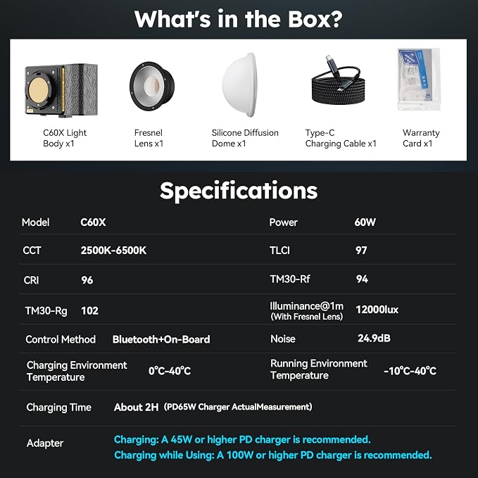 SIRUI C60X 60W Portable Photography Light, Ultra-Quiet 24.9dB & 0.53KG Compact
