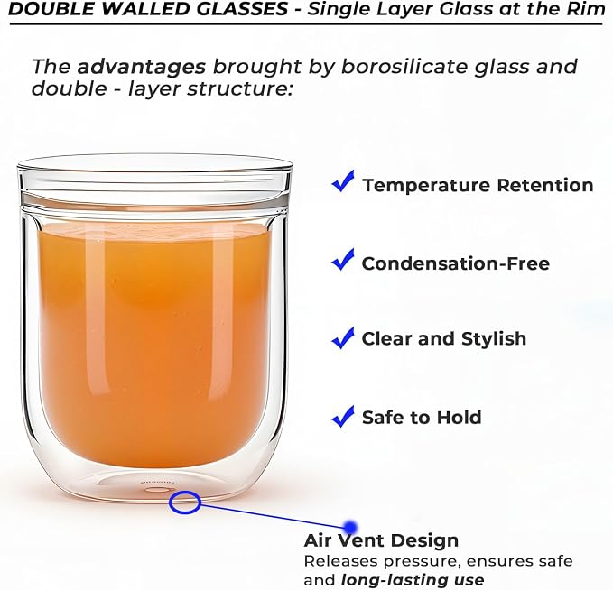 Aquach 8oz Double Walled Glass Espresso Cups Set of 2, Insulated Small Mugs |