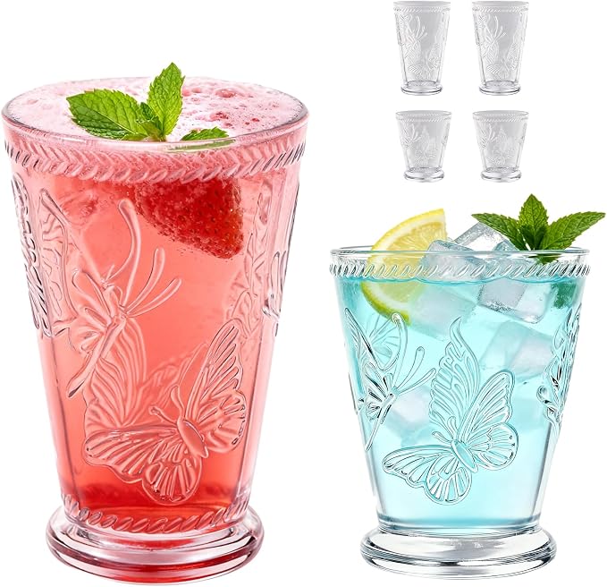 4 Pack Embossed Vintage Mixed Drinking Glasses, 12 Oz & 9 Oz Glasses | Embossed