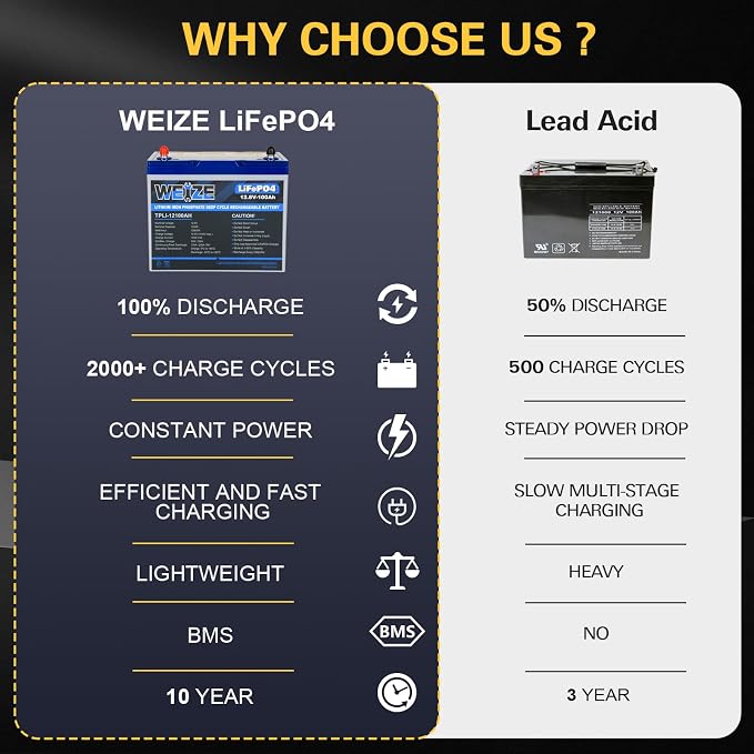 WEIZE 12V 100Ah Mini LiFePO4 Battery, Built-in 100A Smart BMS, Deep Cycle
