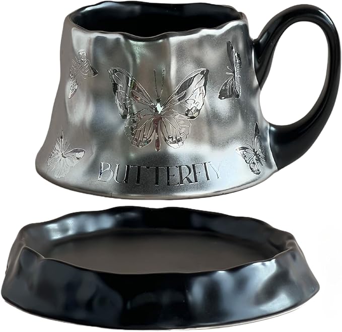 Volcanic Ash Titanium Finish Coffee Mug and Saucer Set | Modern Sculptural