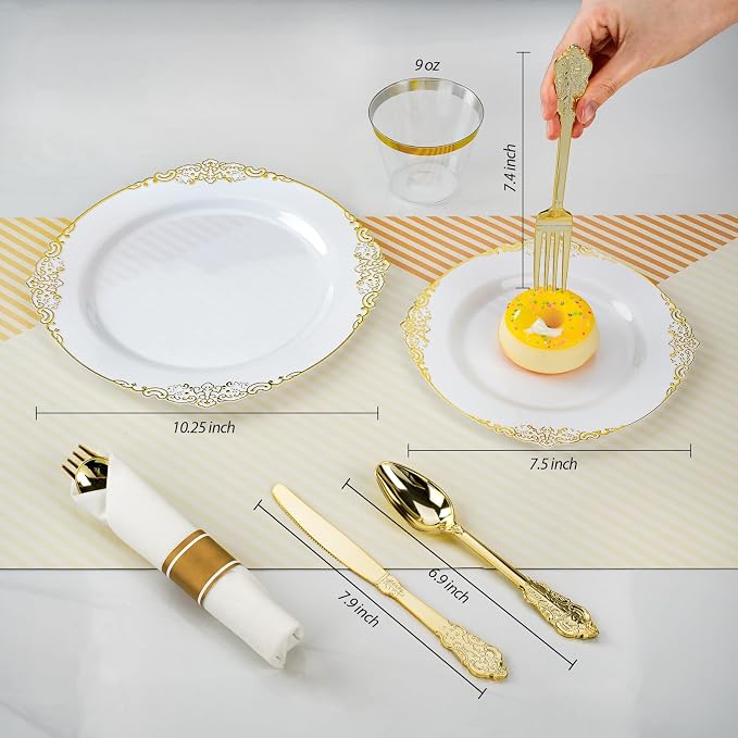 Bestluck 175PCS Gold Disposable Dinnerware