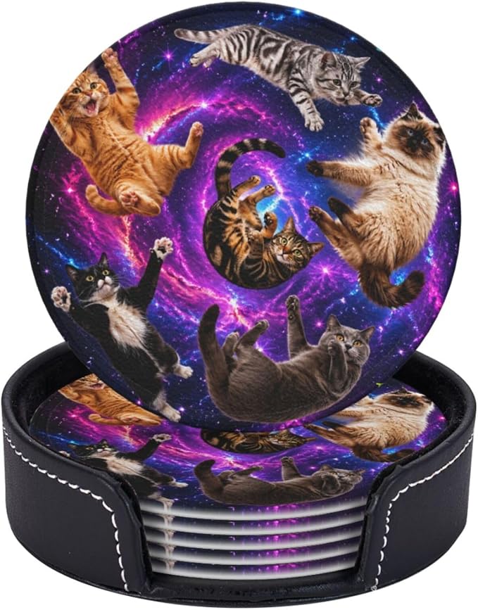 Cosmic Galaxy Cat Art Leather Coasters Set of 6