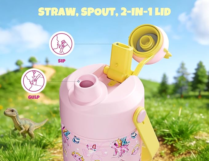 POWCAN 12 oz Kids Water Bottle: 2-in-1 Straw Spout Lid