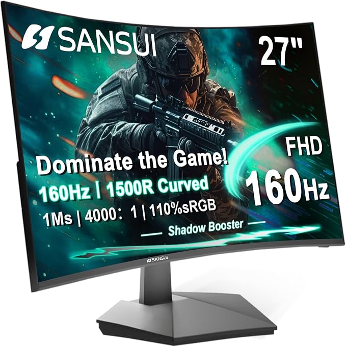 SANSUI 27 Inch Curved 160Hz Gaming Monitor, 1500R Curved Computer Gaming