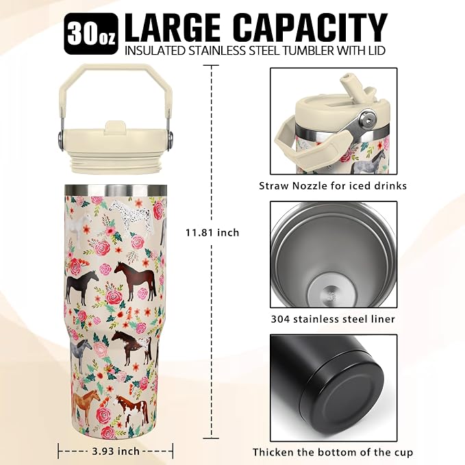 30 oz Horse Tumbler with Handle and Flip Straw, Vacuum Insulated Water Bottle