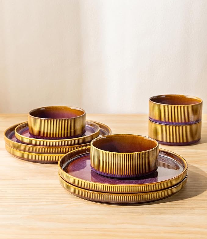 Ceramic Dinnerware Set for 4, 12-Piece Plates and Bowls Set | Lightweight