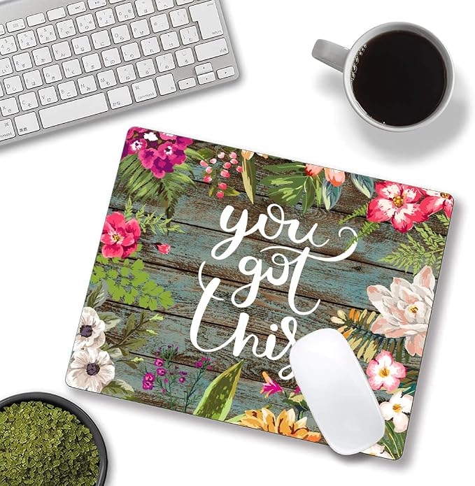 Mouse Pad, Floral Inspirational Quote Mousepad, Square Waterproof Pad Non-Slip
