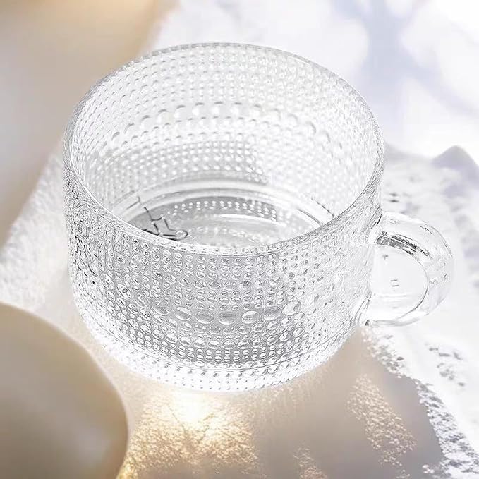 6 Pcs Vintage Coffee Mugs Clear Embossed Glass Cups