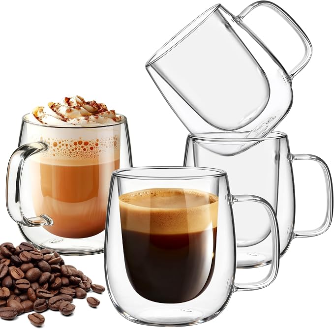 12 OZ Glass Coffee Mug Pack of 4, Double Wall Glass Mug