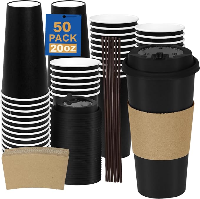 20 oz 50 Pack Coffee Cups with Lids and Sleeves, Hot Disposable To Go Travel