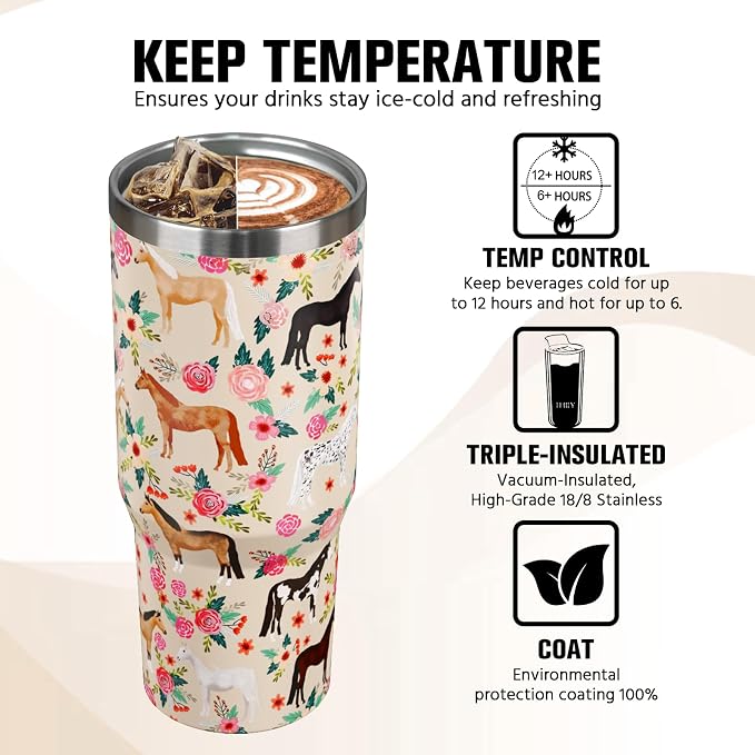 30 oz Horse Tumbler with Handle and Flip Straw, Vacuum Insulated Water Bottle