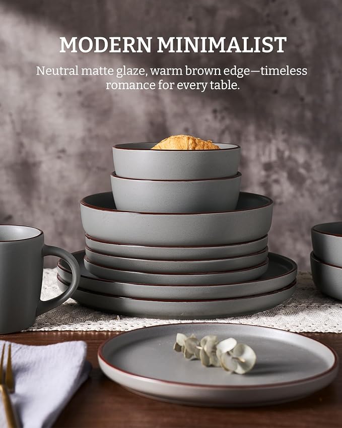 Famiware Mercury 24-Piece Stoneware Dinnerware Set, Dark Grey | Plates and Bowls