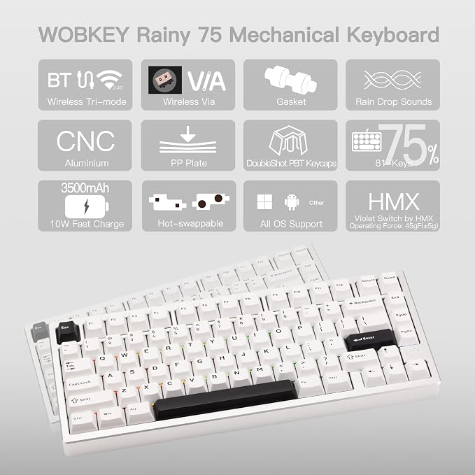 KEEBMONKEY WOBKEY Rainy 75 CNC Aluminum HMX/JWK/Cocoa Switches Triple-Mode