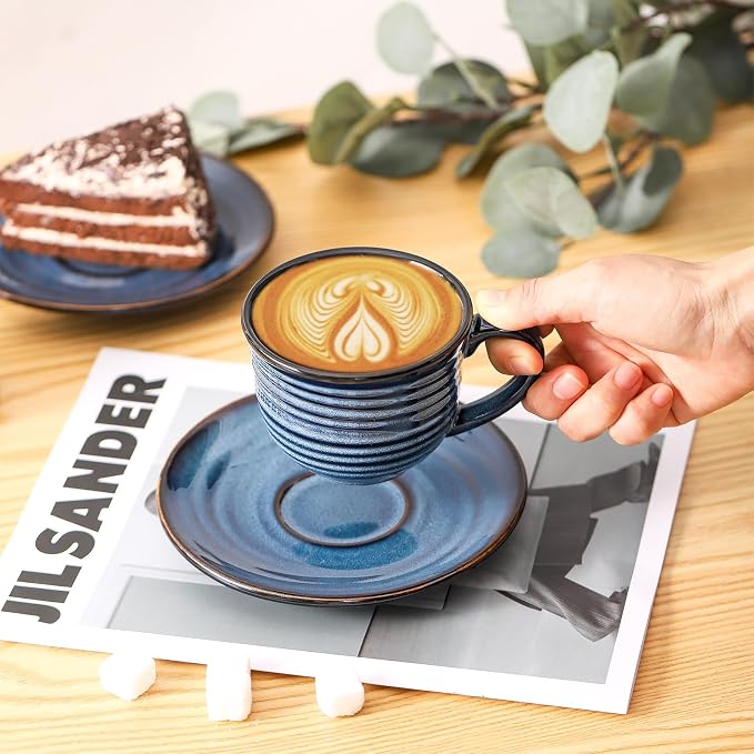 HASENSE Ceramic Cappuccino Cups and Saucers Set of 4, 8 oz Tea Coffee Cups Set