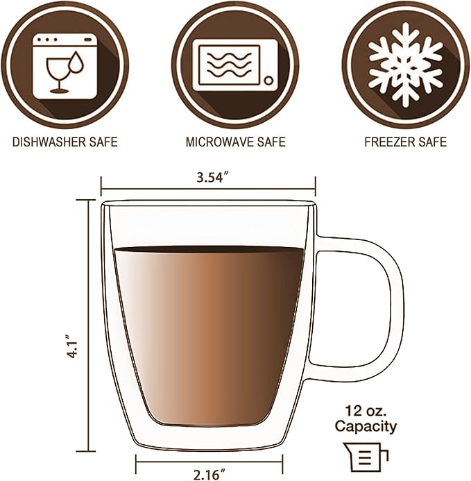 Glass Coffee Mug, Double Wall Insulated Glass Cup 12 Oz Heat-resistant Clear