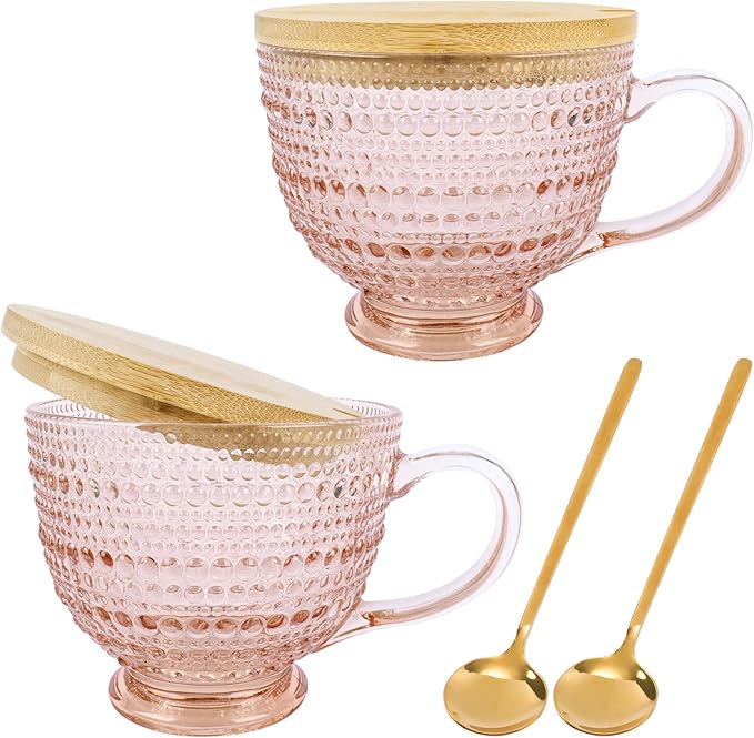 Pink Vintage Latte Mugs Set of 2, 16oz Large Pink Glass Embossed Coffee Mug