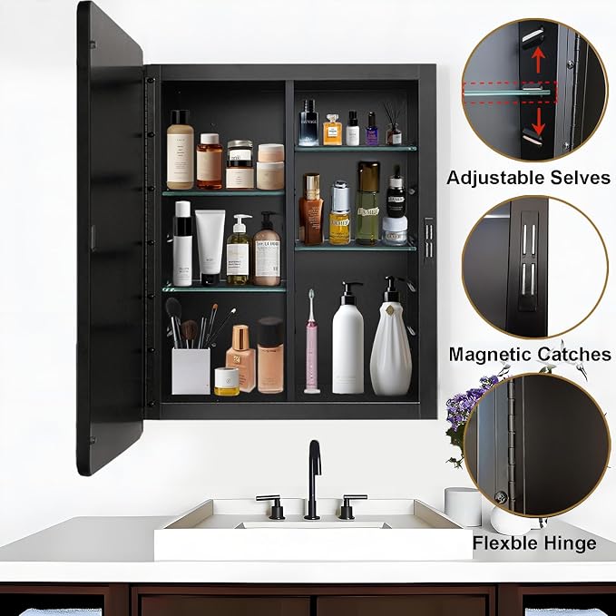 Black Medicine Cabinet 16x20 inch, Bathroom Mirror