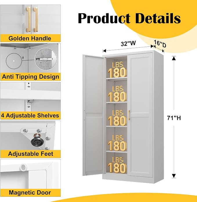 Kitchen Pantry Cabinet, 71”White Metal Pantry Storage Cabinet