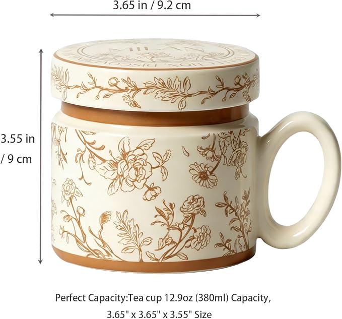 12.9oz Ceramic Coffee Mug with Lid, Flower Patterned Porcelain Mug, Ceramic Tea