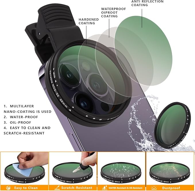 52MM Clip-on Variable ND2-32 Phone Lens Filter Kit, Ultra Slim Multi-Coated