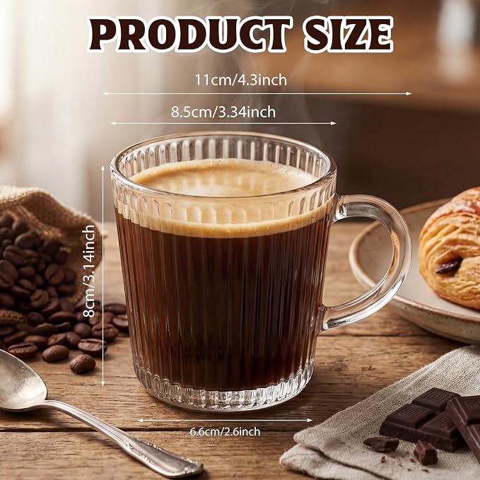 12 Pack Glass Coffee Mugs with Handle 8.5 oz Classic Vertical Stripes Glass