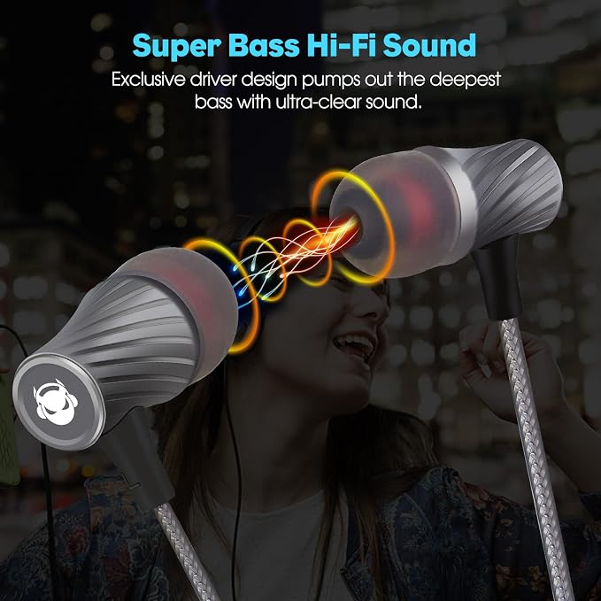 Super Bass Wired Earbuds with Microphone – Noise Cancelling, Deep Bass Ear Buds