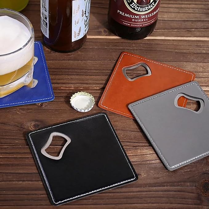 PU Leather Drink Coaster with Bottle Opener Stainless Steel Bartender Beer