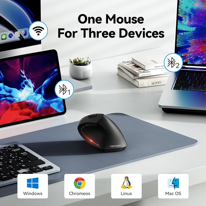 TECKNET Ergonomic Mouse, Wireless Bluetooth Vertical Mouse, 4800 DPI Optical