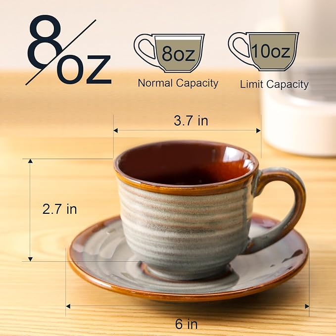 HASENSE Ceramic Tea Cups and Saucers, 8oz Cappuccino Cups Set of 4, Espresso