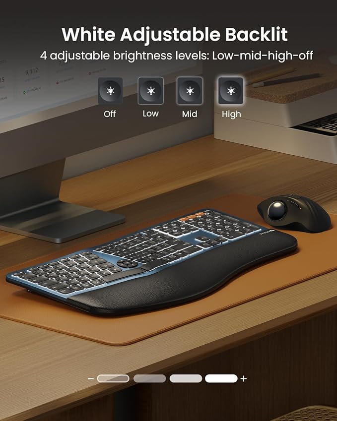 ProtoArc Backlit Bluetooth Ergonomic Keyboard, EK01 Plus Full Size Wireless