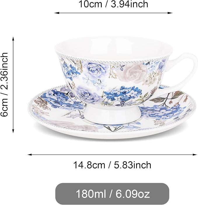 fanquare 6 oz Blue Rose and Hydrangea Porcelain Tea Cup and Saucer Set |