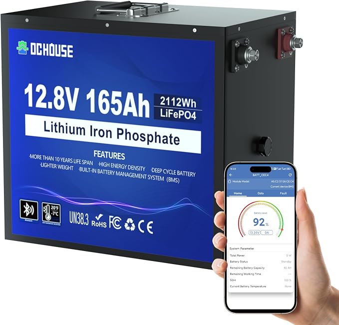 DC HOUSE 12V 165Ah LiFePO4 Lithium Battery, Safer Metal Case, 12V Lithium