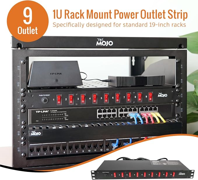 Tecmojo 9-Outlet Rack Mount Overloading Protection Circuit Breaker PDU Power