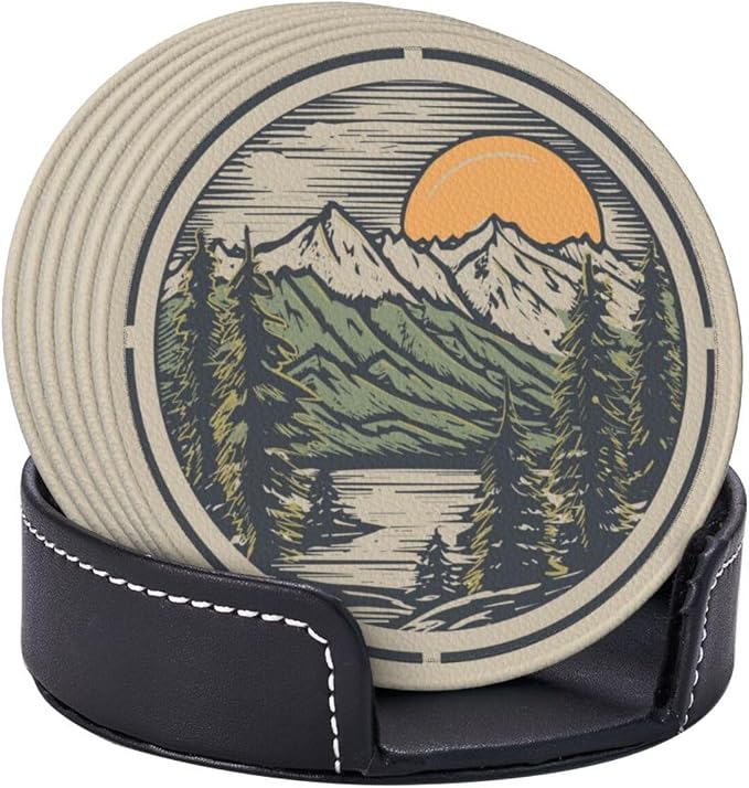 Mountain Sunset Leather Drinks Coasters