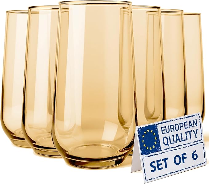 Amber Drinking Glasses Set of 6 | Translucent Yellow Glassware | 16 oz Amber