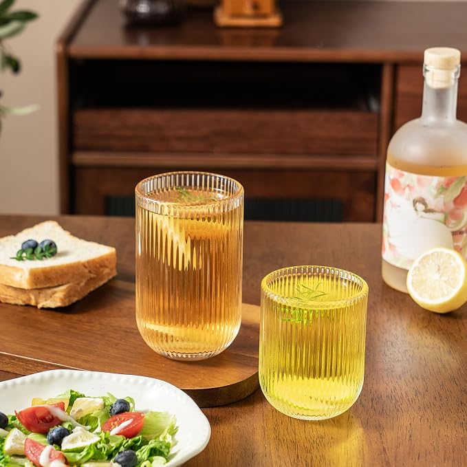Ribbed Drinking Glasses 8pcs, Rocks Drinking Glasses 12oz and 10oz, Tumbler